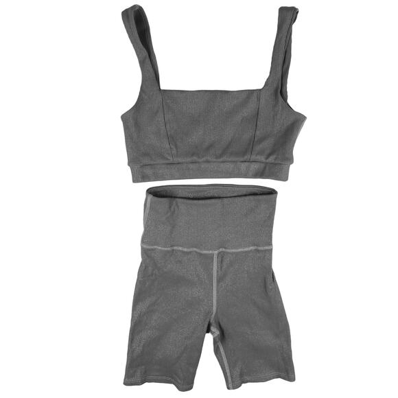 ONA by Yoon Chung Silver Metallic 2 Piece Sports Bra Tank Top & Shorts Set S/M - Picture 1 of 8